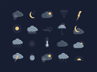Wall Mural - weather app icons for web drawing in linear style on blue background