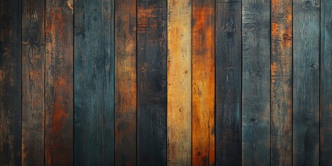 Poster - Distressed wooden backdrop featuring dark blue, black, and warm orange vertical planks creating an abstract texture for minimalist designs.