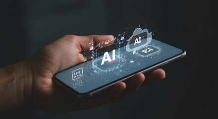AI. Digital AI in phone in hand. AI Bot on screen mobile smartphone communication with cloud computing. Artificial intelligence Processing Big Data and Cloud Computing. Chatbot AI mobile technology.