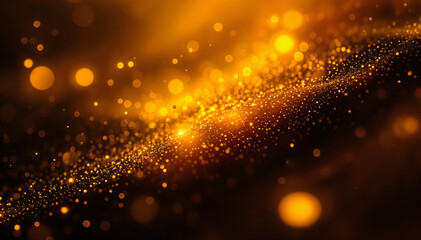golden abstract glitter background with a wavy, glowing pattern and bokeh lights 