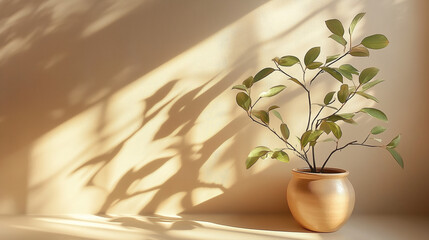 Poster - Minimalistic concept of a green plant in front of a beige wall with sunlight streaming through a window, casting soft shadows on the floor. Perfect for interior design, natural light, and mockup backg