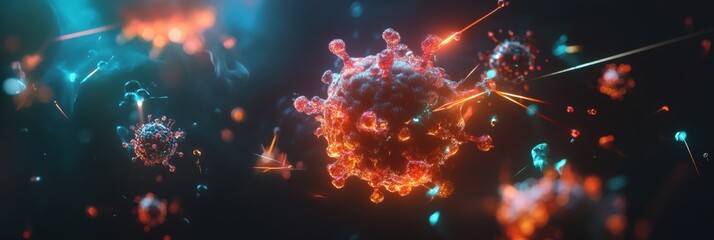 Aufkleber - Magnified view of a human cell under viral attack showing cellular response to invasion and infection process. Generative AI