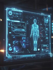 Leinwandbilder - Diagnostic medical data displayed on a futuristic screen showcasing human anatomy and health metrics in a clinical setting. Generative AI