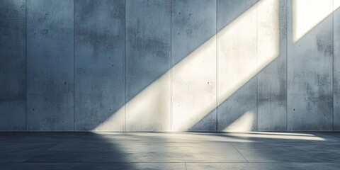 Poster - Concrete wall bathed in soft sunlight with diagonal shadows creating depth and texture in a minimalist interior setting for design inspiration.