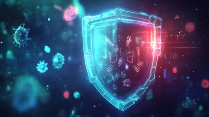 Fototapete - Shield deflecting harmful microbes in a vibrant digital setting showcasing safety technology and health protection. Generative AI