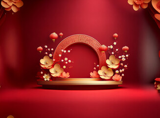 Leinwandbilder - Elegant red and gold podium adorned with paper flowers and lanterns, perfect for festive display or product presentation.  A celebratory, ornate backdrop creates a luxurious feel.