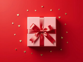 Wall Mural - A Flat Lay Design Features A Gift Box Wrapped In Satin Ribbon, Surrounded By Golden Hearts And Confetti On A Bright Red Background. 00002