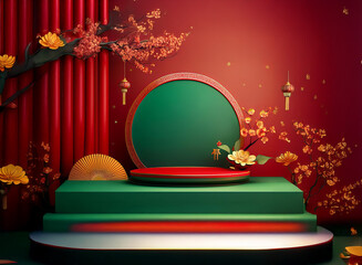 Leinwandbilder - A festive scene with red and green tones, featuring a circular display platform adorned with cherry blossoms and paper flowers, perfect for product showcasing.  Elegant Asian-inspired design.