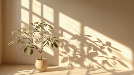 Poster - Minimalistic concept of a green plant in front of a beige wall with sunlight streaming through a window, casting soft shadows on the floor. Perfect for interior design, natural light, and mockup backg