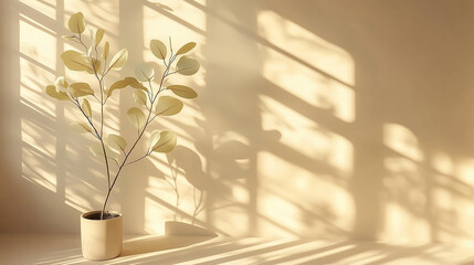 Poster - Minimalistic concept of a green plant in front of a beige wall with sunlight streaming through a window, casting soft shadows on the floor. Perfect for interior design, natural light, and mockup backg