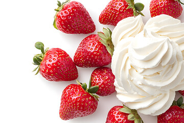 Wall Mural - A fresh juicy strawberry with whipped cream isolated on white