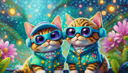 Poster - oil painting style illustration Cartoon character Immersive Tech Experience- Two baby cats Engaged in Virtual Reality