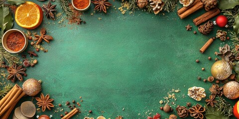 Festive arrangement of spices and sweets on a green background with a top view perspective creating a blank space for text in the center