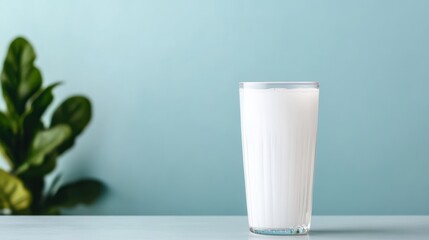 A glass of milk sits on a table against a soft blue background, complemented by a green plant, creating a fresh and minimalist ambiance.