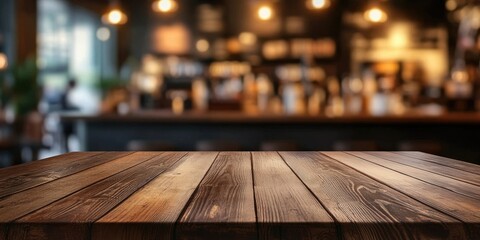 Canvas Print - Empty brown wooden table in the foreground with a blurred bokeh coffee shop background featuring warm lights and subdued colors ideal for presentations