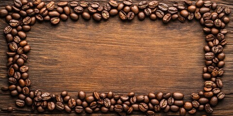 Canvas Print - Frame of roasted coffee beans arranged on a rustic wooden table with ample blank space for text in the center showcasing a warm brown color palette