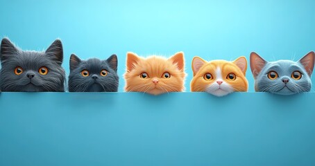 Naklejka na meble Five adorable cats peeking over a blue wall with curious expressions in a cozy indoor setting