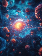 Poster - Glowing cell in a vibrant environment surrounded by numerous menacing viruses. Generative AI