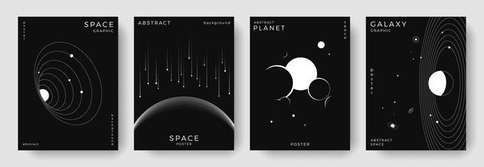 Wall Mural - set of abstract space astronomy backgrounds. line art galaxy, meteorites, planet, black hole. scienc