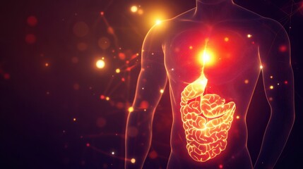 Poster - Glowing human torso featuring vibrant red focal point in stomach area during a creative light display. Generative AI