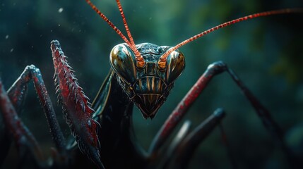 Close-up portrait of a Praying Mantis with red antenna and legs dark background