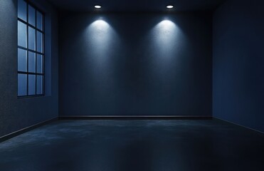 Wall Mural - Dark blue studio room with textured flooring and soft lighting for product displays