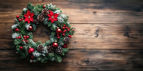 Canvas Print - Festive Christmas wreath adorned with red flowers and ornaments centered on a rustic wooden table background with dark and light wood hues