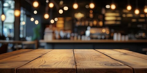 Canvas Print - Rustic brown wooden table in sharp focus with a blurred coffee shop ambiance and warm bokeh lights in the background creating a cozy atmosphere