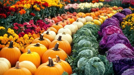 Poster - Vibrant vegetable garden featuring colorful rows of carrots, cabbages, and pumpkins in full bloom during summer. Generative AI