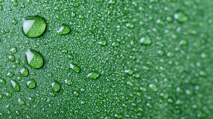 Wall Mural - Close-up of water droplets on a green leaf surface.