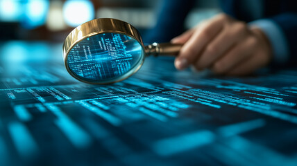 Data Analysis: A close-up of a hand holding a magnifying glass over a document filled with blue-tinged code. The image emphasizes the meticulous nature of data analysis and code inspection.  