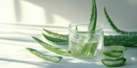 Sticker - Aloe vera gel in a clear glass jar with green aloe leaves surrounding it against a soft light backdrop featuring ample space for text.