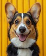 © homeganko - Happy corgi posing against a vibrant yellow background in a cheerful outdoor setting