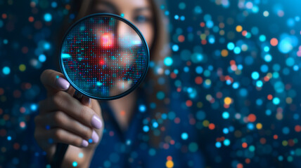 Data Analysis: Woman using magnifying glass to analyze data.  Close-up view of a woman's hand holding a magnifying glass, focusing on data points represented by glowing particles.