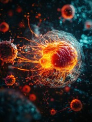 Poster - Magnified view of human cell under attack by virus highlighting cellular structure and viral invasion. Generative AI