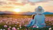 © sommersby - Mother and Child Watching Sunset in Flower Field: A Serene Moment of Family Togetherness