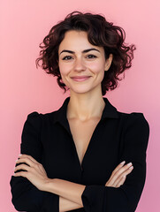 Wall Mural - Confident Woman Portrait: A young woman with curly brown hair and a warm smile exudes confidence and poise, standing with her arms crossed against a vibrant pink background.