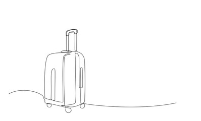 Suitcase in continuous line art drawing style. Single one line drawing of case, luggage bag with wheels isolated on white background. Editable stroke vector design object for banner flyer concept