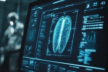 Leinwandbilder - Diagnostic medical data displayed on a high tech screen showing lung analysis and health metrics in a clinical setting. Generative AI
