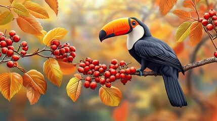 Poster - Toucan Perched On Branch Amidst Autumn Leaves And Berries