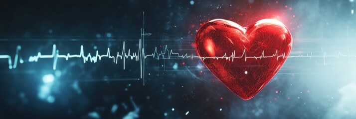 Aufkleber - Glowing red heart with dynamic cardiogram illustrating beating life and rhythm in vibrant colors. Generative AI