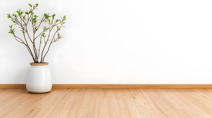 Empty modern interior room with an empty white wall and wooden floor mock up