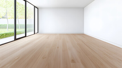 Wall Mural - Empty modern interior room with an empty white wall and wooden floor mock up