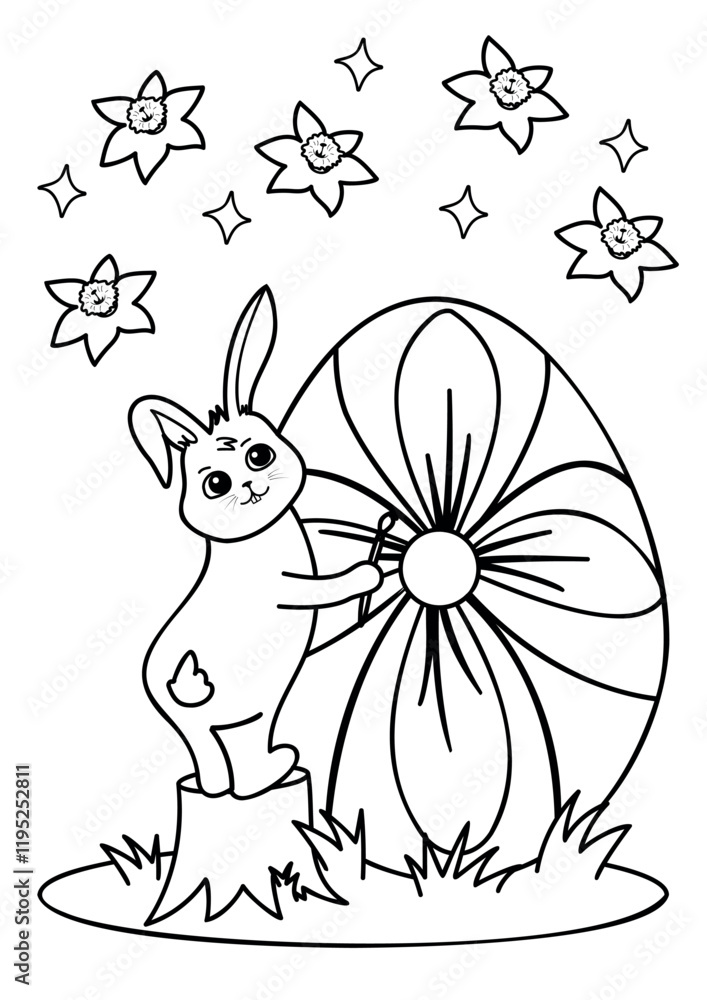 Bunny painting easter egg and flowers. Vector coloring page ready to ...