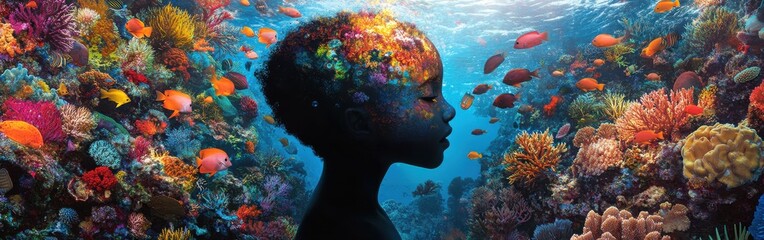 Aufkleber - Child illuminating underwater world with swirling schools of fish amid vibrant coral reefs during a serene oceanic moment