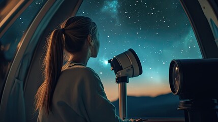 Wall Mural - young woman observing stars through telescope
