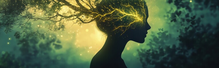 Aufkleber - Serene portrait of a woman with radiant tree branches blending into a lush forest canopy at twilight
