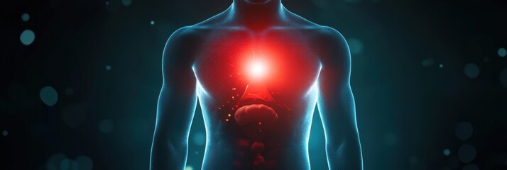 Poster - Glowing human torso with a prominent red focal point in the stomach region illuminated against a dark background. Generative AI