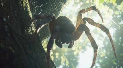 Large spider on tree trunk, backlit by sunlight, intricate web details visible.