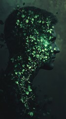 Aufkleber - Mystical representation of a man's profile intertwined with glowing ivy and vibrant greenery, exuding tranquility and life
